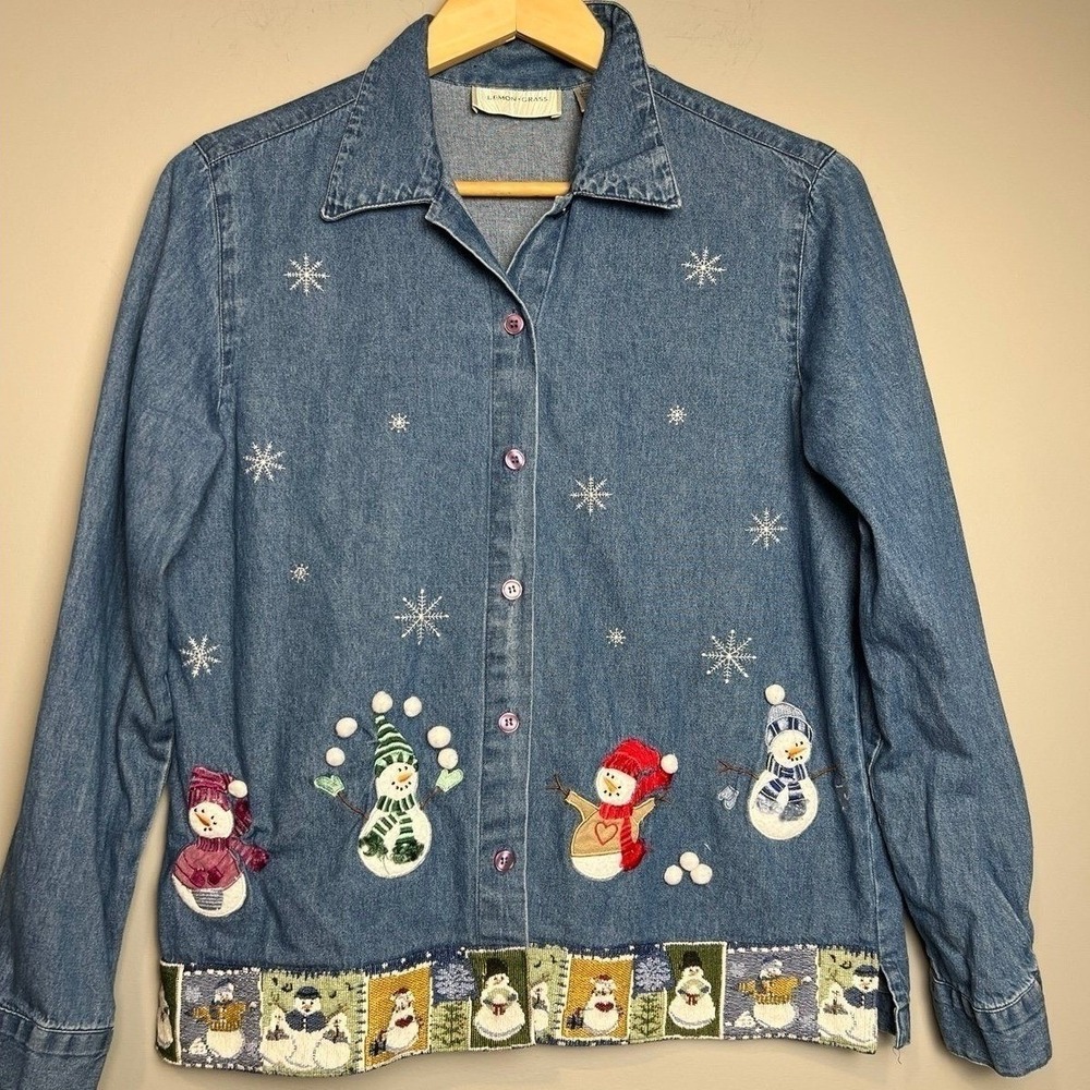 Lemon Grass Women's Small Denim Shirt Winter Snow Holiday Grandmacore‎ Christmas